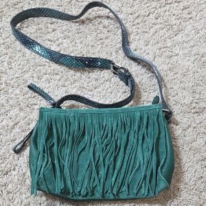 B. Makowsky Green Suede Leather Fringe Shoulder Bag
